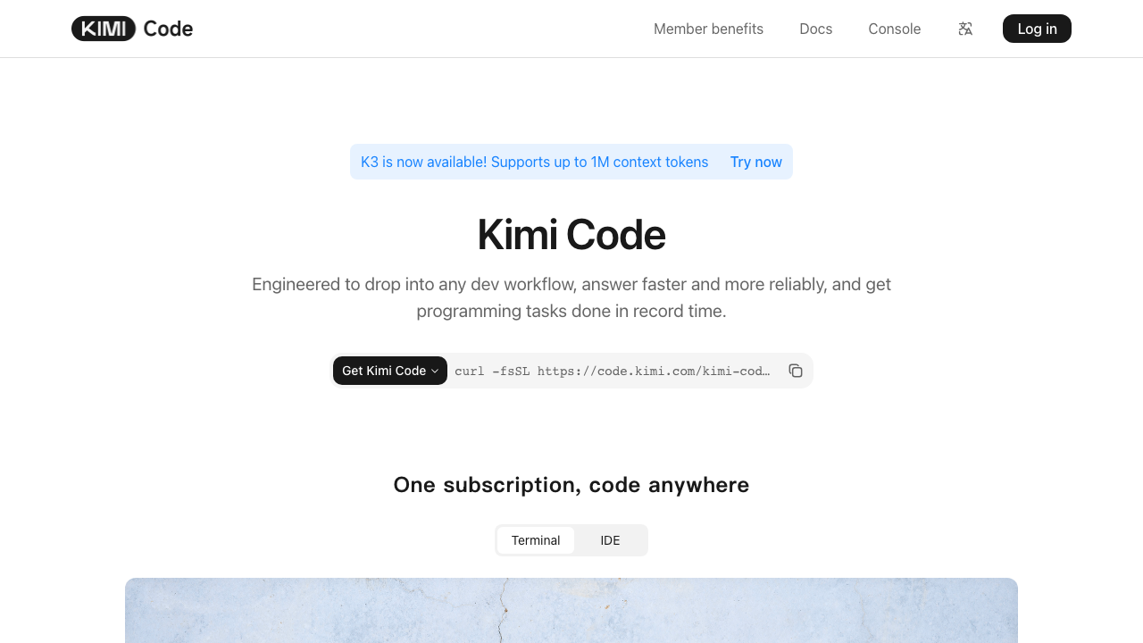 The Kimi Code product page showing the one-line install command and the tagline one subscription, code anywhere, with Terminal and IDE tabs.
