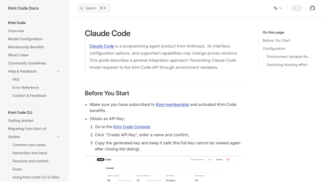 Kimi Code documentation page for Claude Code, listing the prerequisites: an active Kimi membership, then creating an API key in the Kimi Code Console.