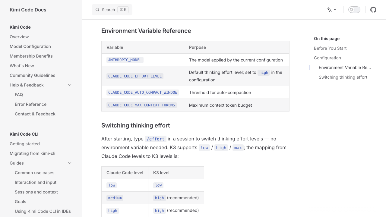 Environment variable reference table in the Kimi Code docs listing ANTHROPIC_MODEL, CLAUDE_CODE_EFFORT_LEVEL, CLAUDE_CODE_AUTO_COMPACT_WINDOW and CLAUDE_CODE_MAX_CONTEXT_TOKENS.