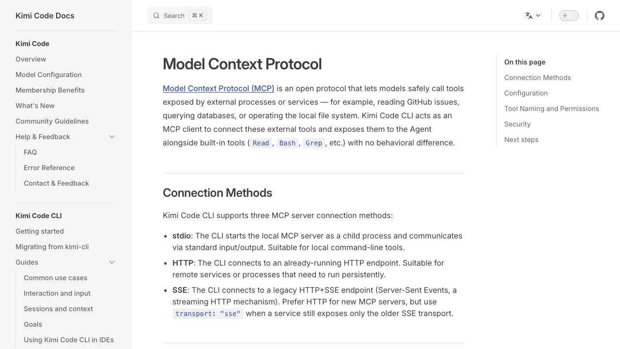 Kimi Code CLI documentation explaining the three MCP connection methods: stdio for local command-line tools, HTTP for running endpoints, and legacy SSE.